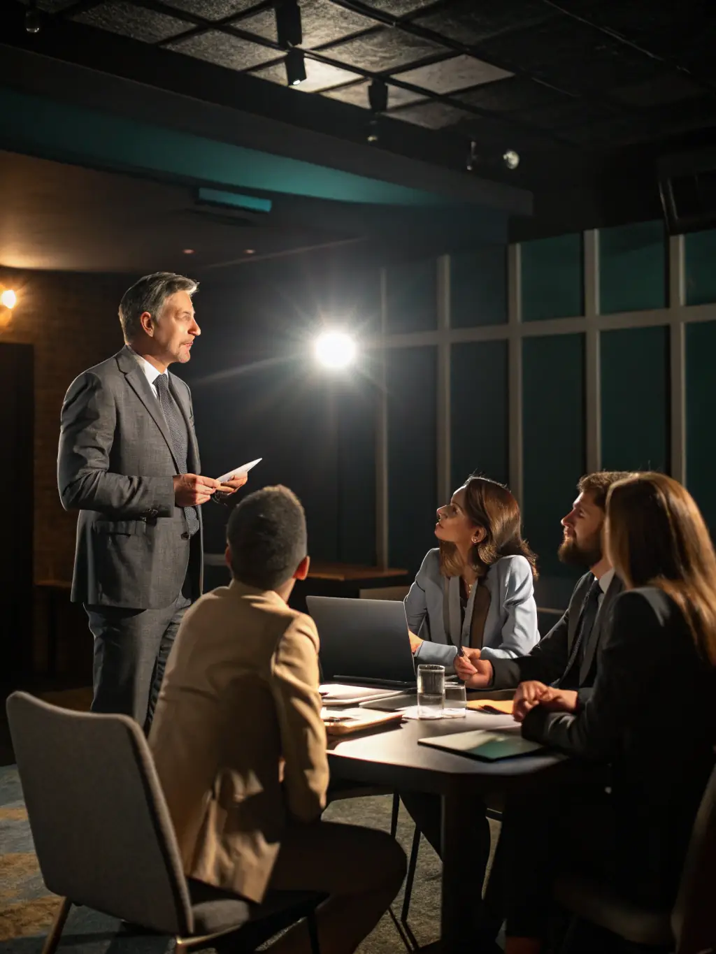 A professional coach is guiding a senior executive through a strategic planning session, using visual aids and collaborative discussion to map out future business goals.