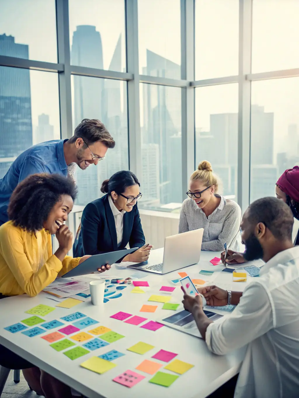 A diverse group of executives participates in a leadership workshop, engaging in team-building exercises and interactive discussions to improve collaboration and communication skills.