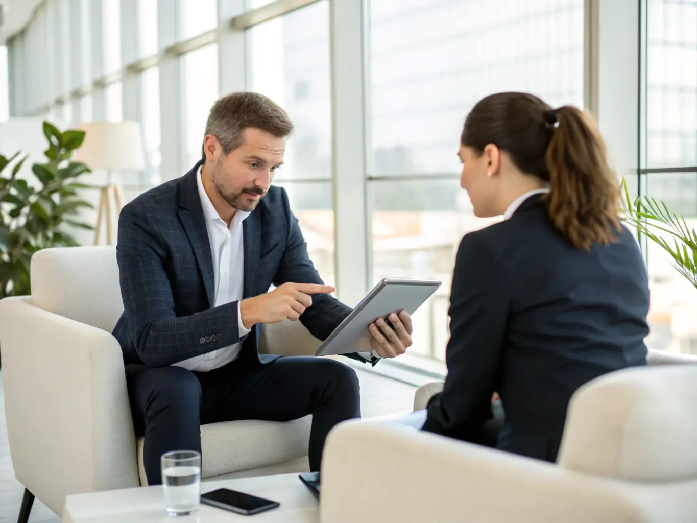 A coach facilitating a one-on-one session with an executive, focusing on communication skills and emotional intelligence in a modern office environment.
