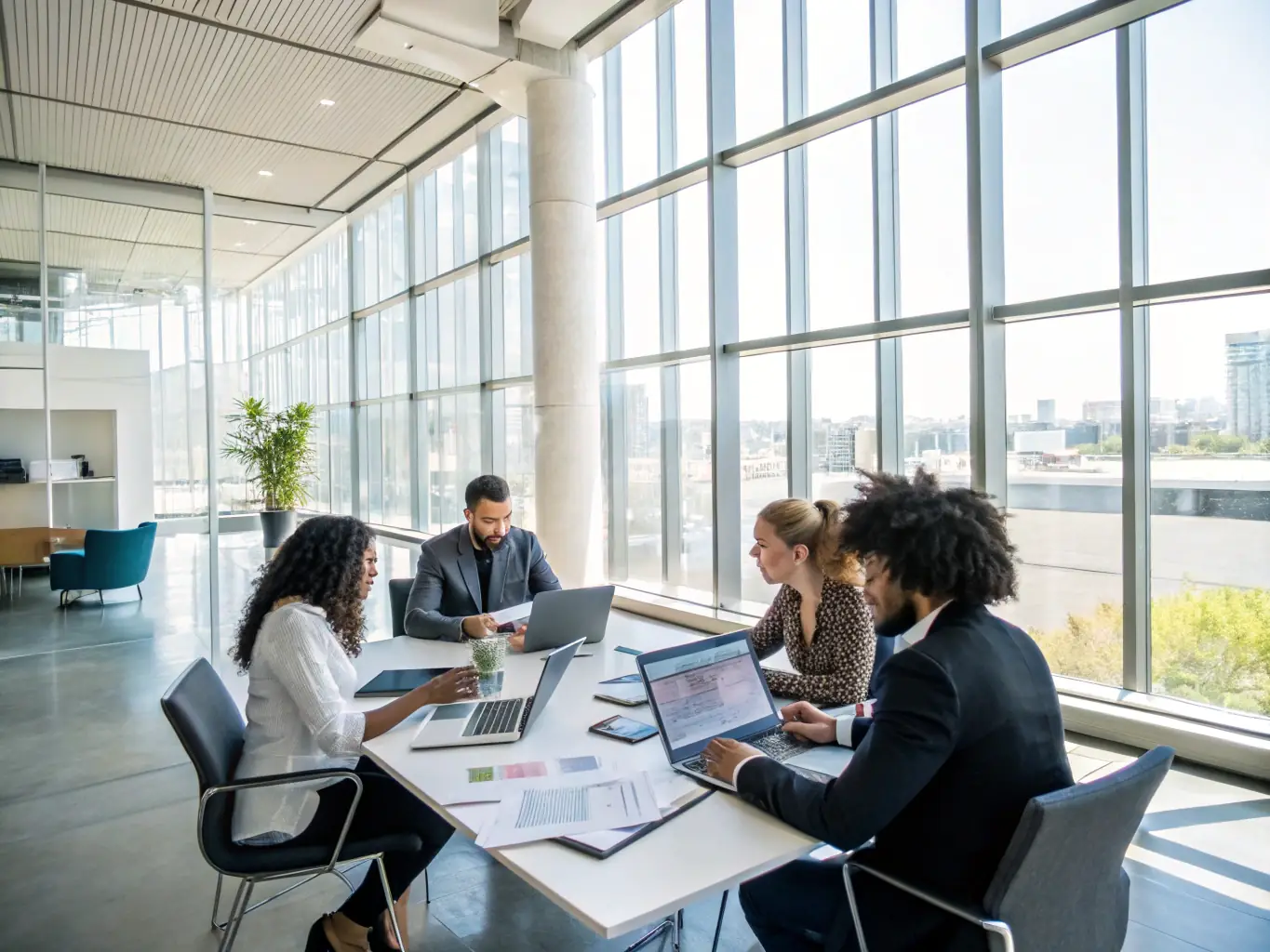 A professional executive in a modern office setting, confidently leading a team discussion, emphasizing strategic decision-making and collaborative problem-solving.